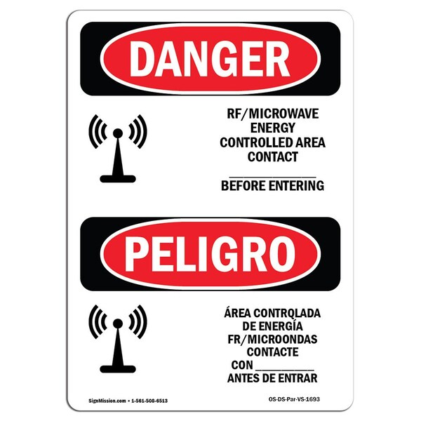 Safety Sign, OSHA, 5" Height, Rf Microwave Energy Controlled Area Custom, Spanish, 10PK